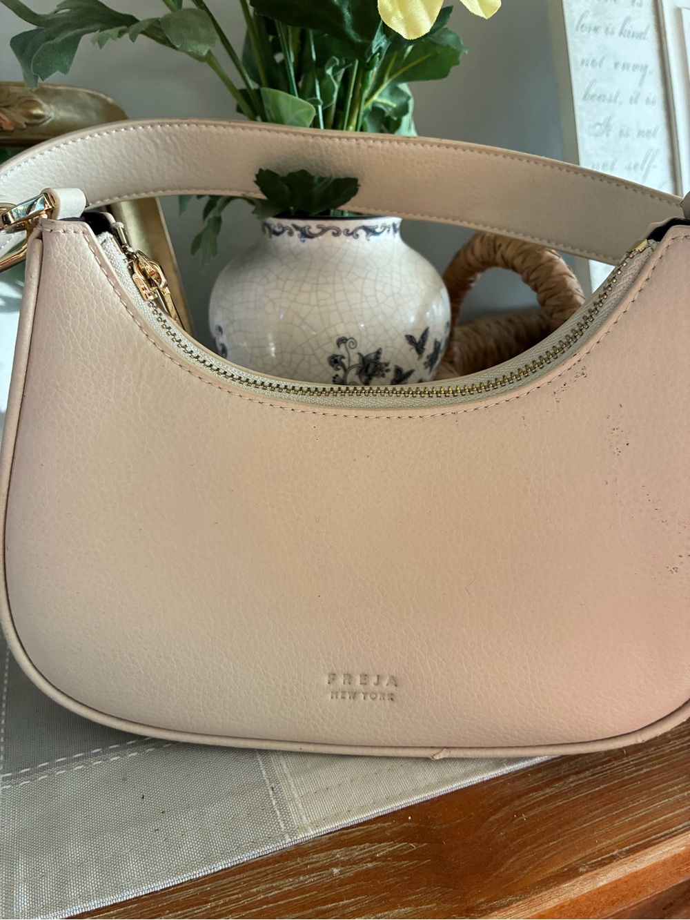 FREJA New York Blush Leather Shoulder Bag with Gold Hardware